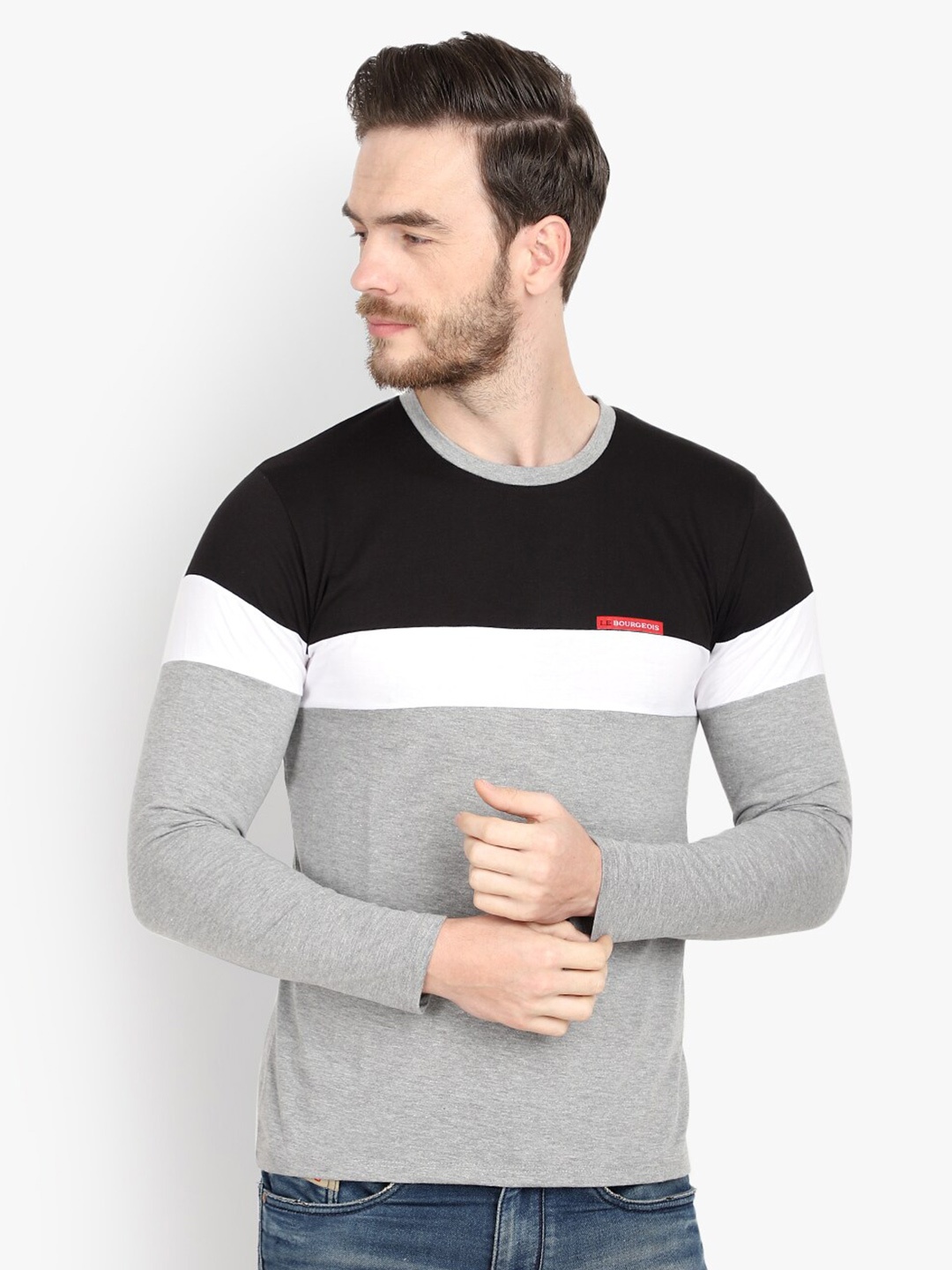 

LE BOURGEOIS Men Colourblocked Long Sleeve T-shirt, Grey