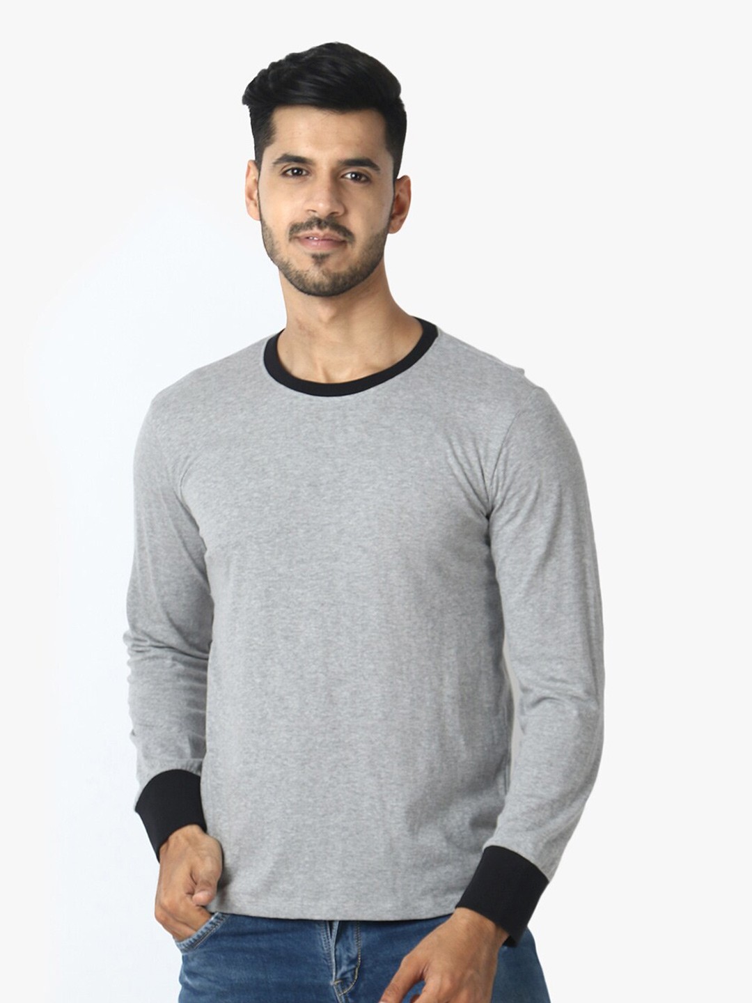 

LE BOURGEOIS Men Long Sleeve Pure Cotton T-shirt, Grey