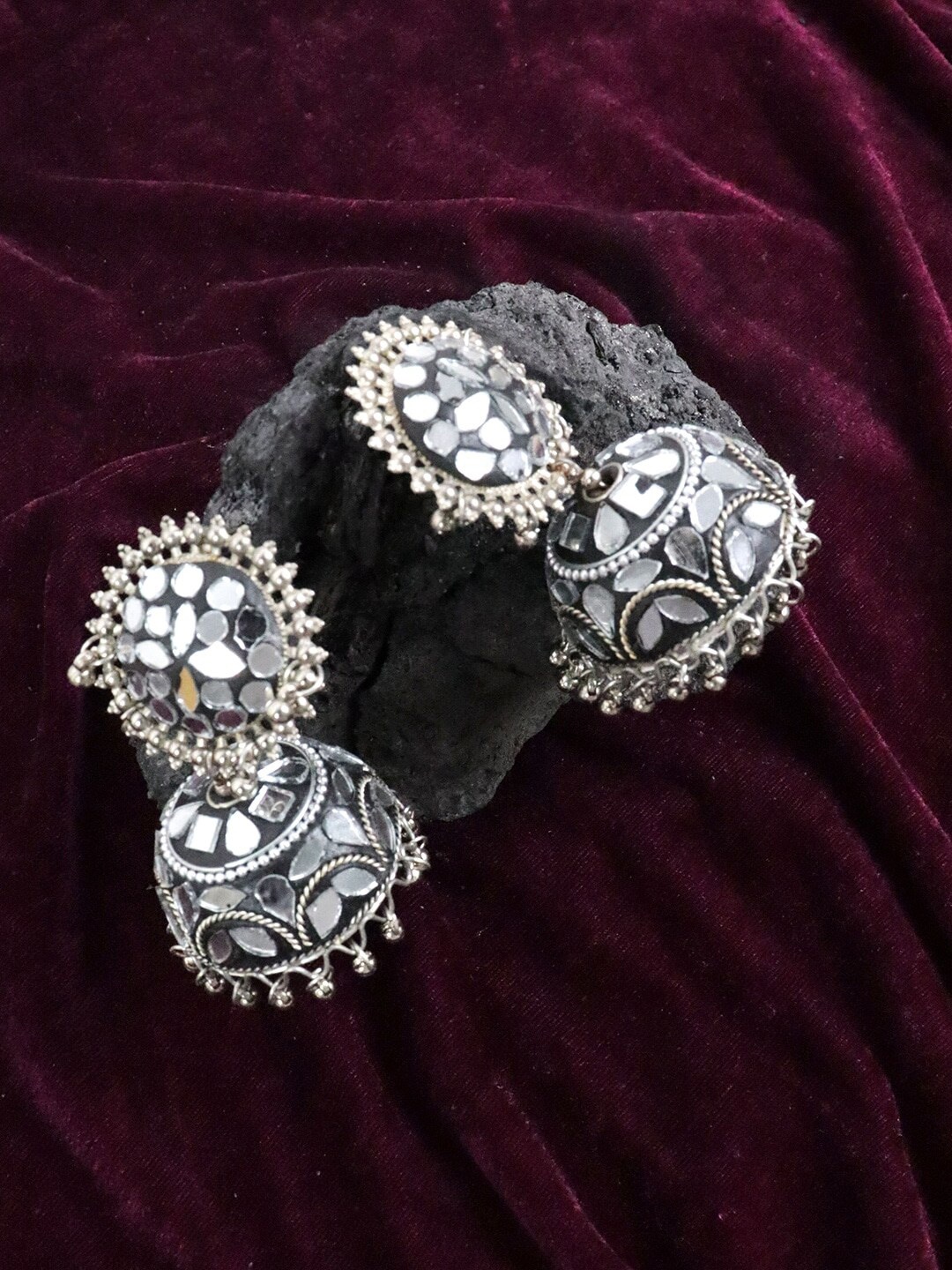 

VAGHBHATT Silver-Plated Dome Shaped Oxidised Jhumkas Earrings