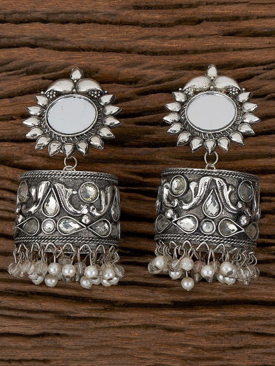 

VAGHBHATT Silver-Plated Beaded Geometric Jhumkas, White