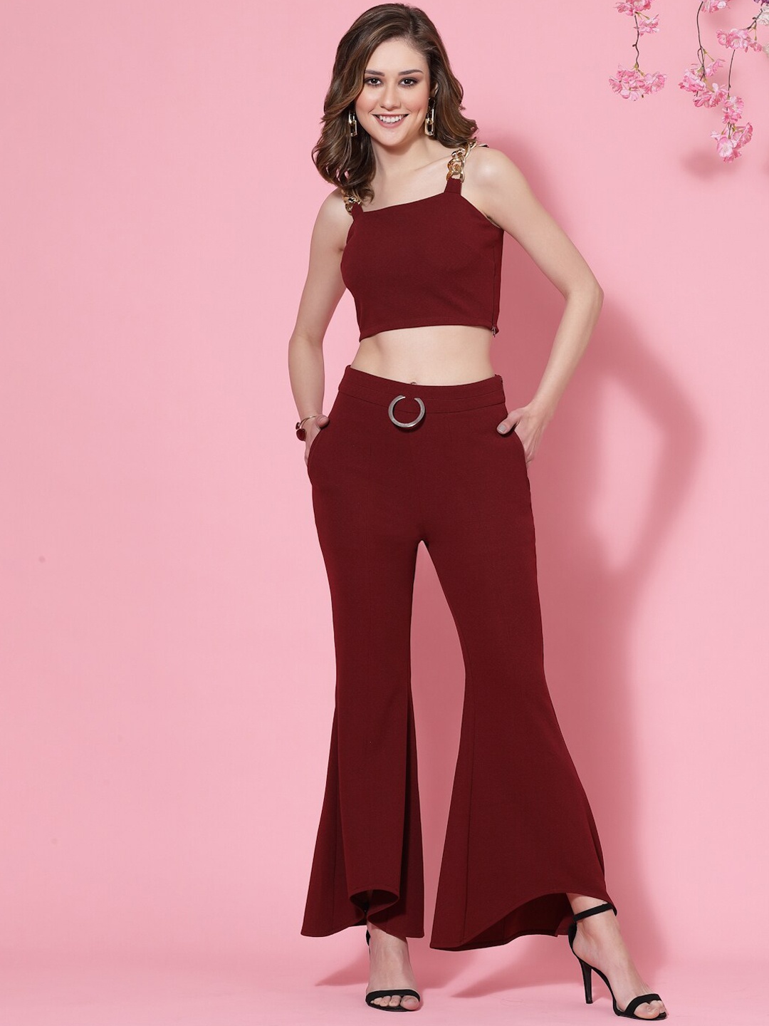 

KASSUALLY Crop Top With Trousers Co-Ords, Maroon