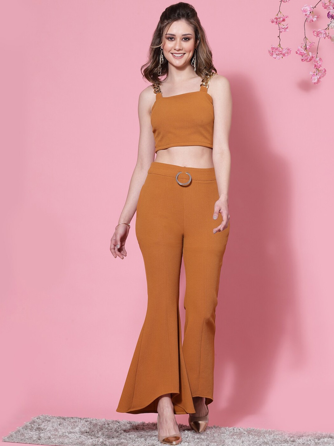 

KASSUALLY Women Chain Detailed Crop Top With Flared Trouser Co-Ords, Mustard