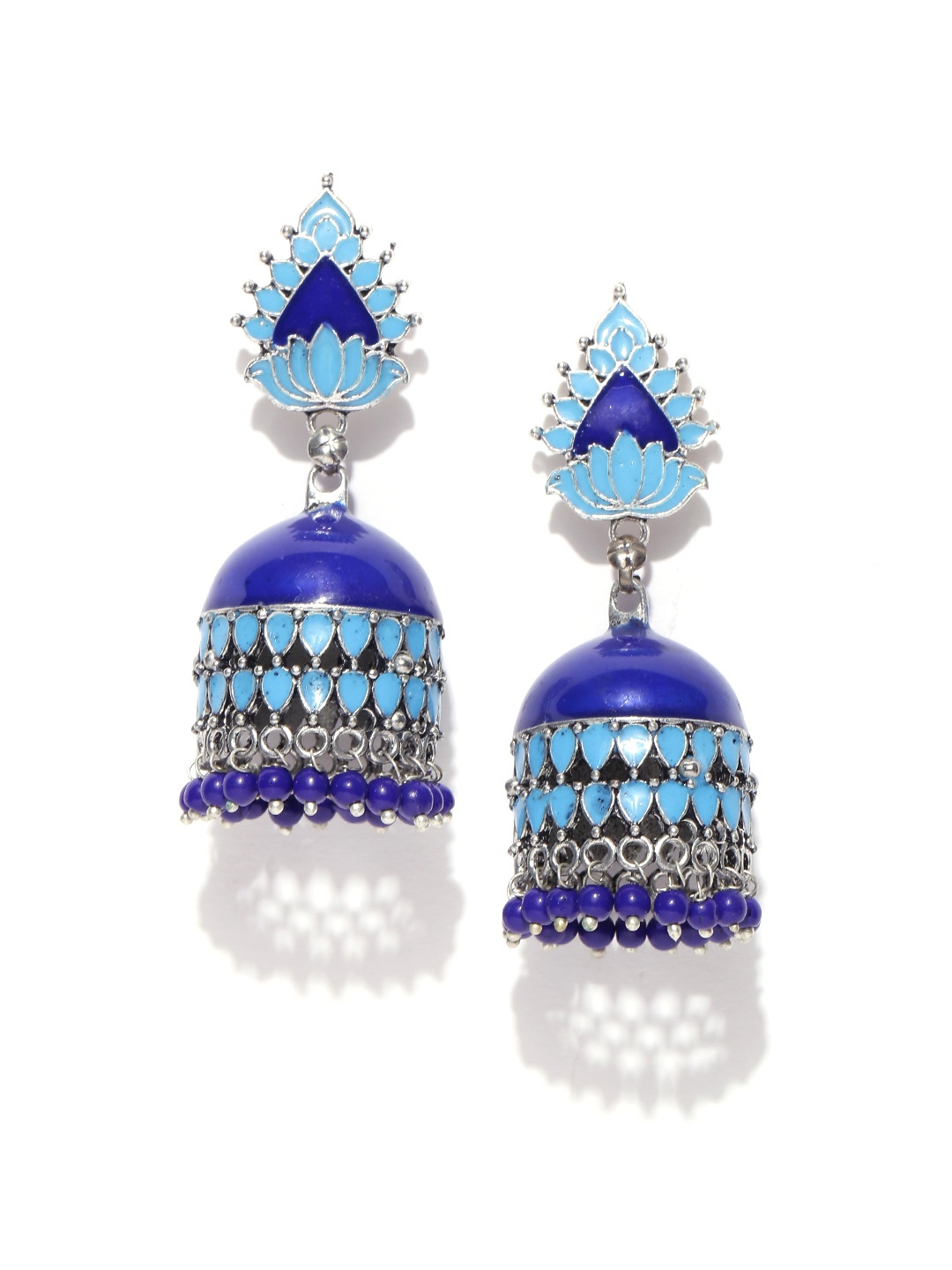 

Infuzze Blue & Oxidised Silver-Toned Handcrafted Beaded Jhumkas