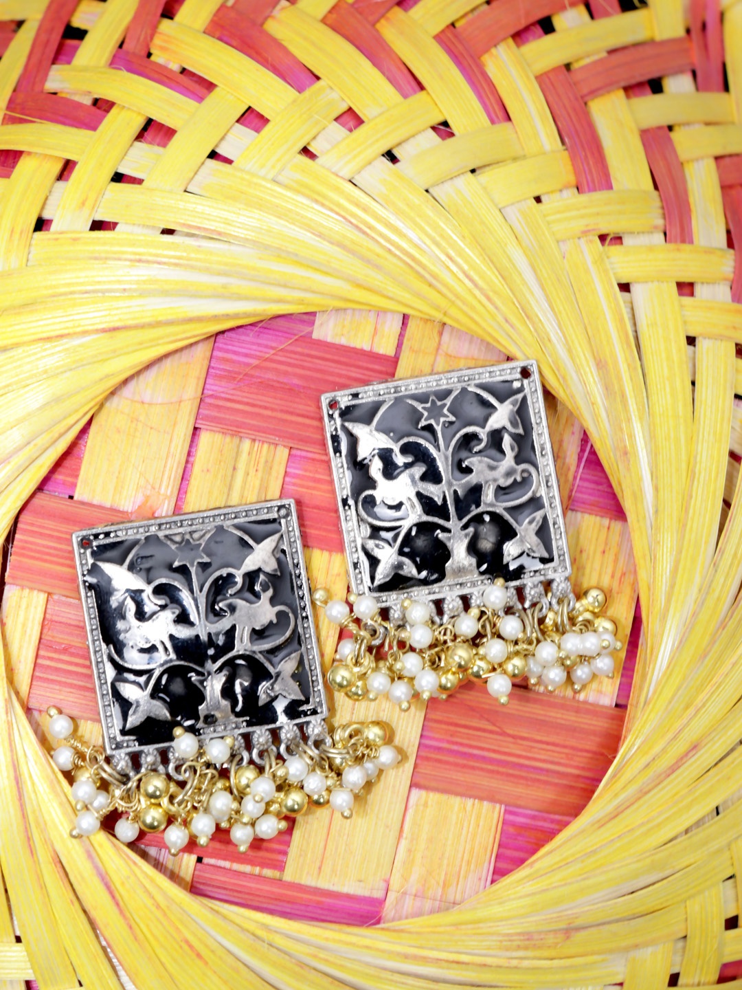 

VAGHBHATT Silver Plated Square Studs Earrings, Black