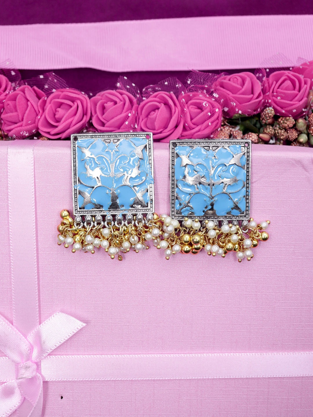 

VAGHBHATT Silver Plated Square Studs Earrings, Blue