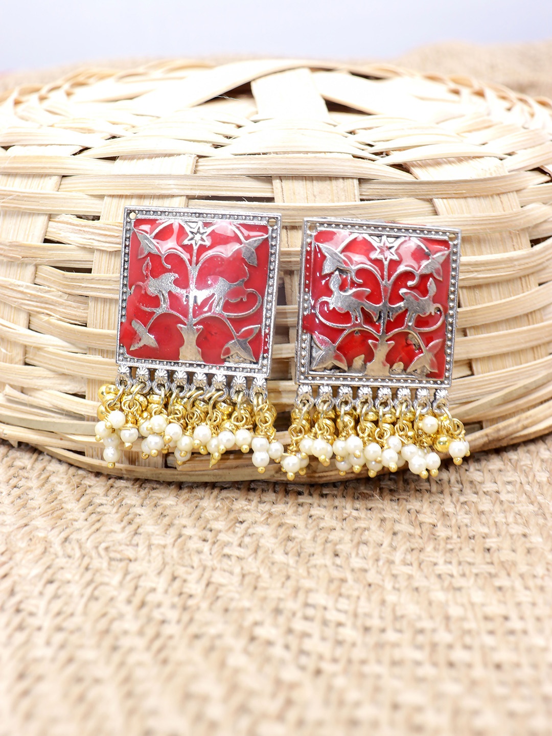 

VAGHBHATT Silver Plated Square Studs Earrings, Red