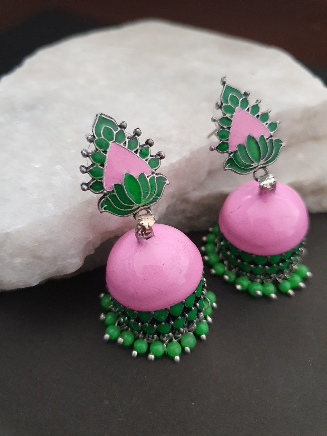 

Infuzze Pink & Green Handcrafted Beaded Jhumkas