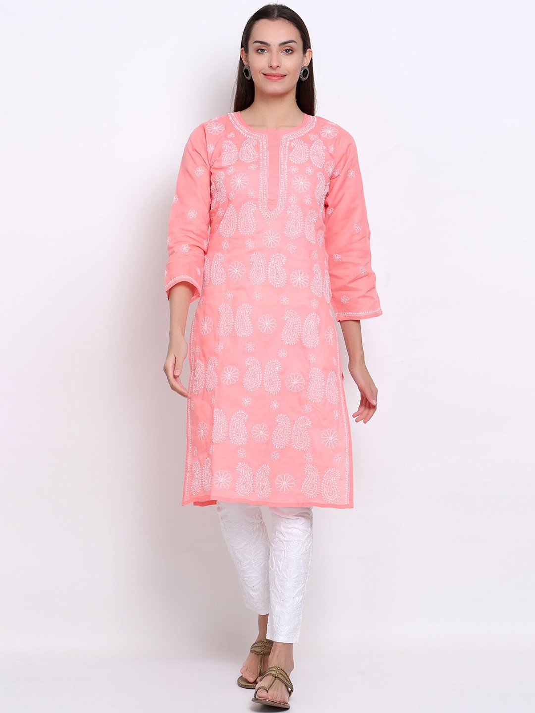 

PARAMOUNT CHIKAN Paisley Embroidered Chikankari Pure Cotton Kurta With Trousers, Coral