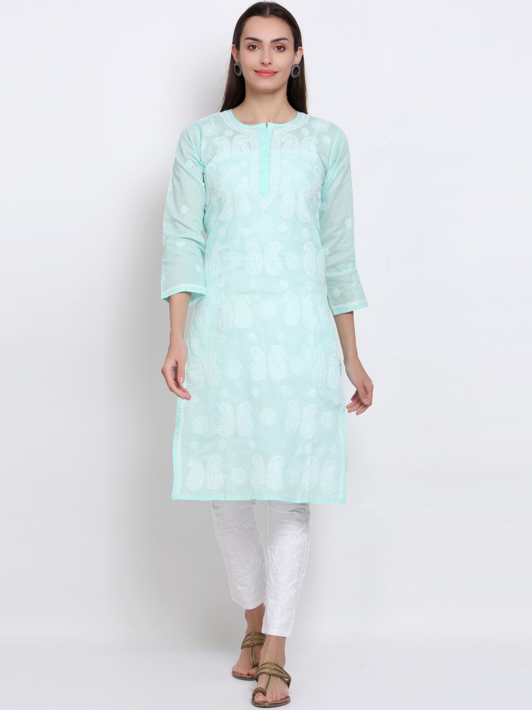 

PARAMOUNT CHIKAN Women Paisley Embroidered Chikankari Pure Cotton Kurta with Trousers, Sea green