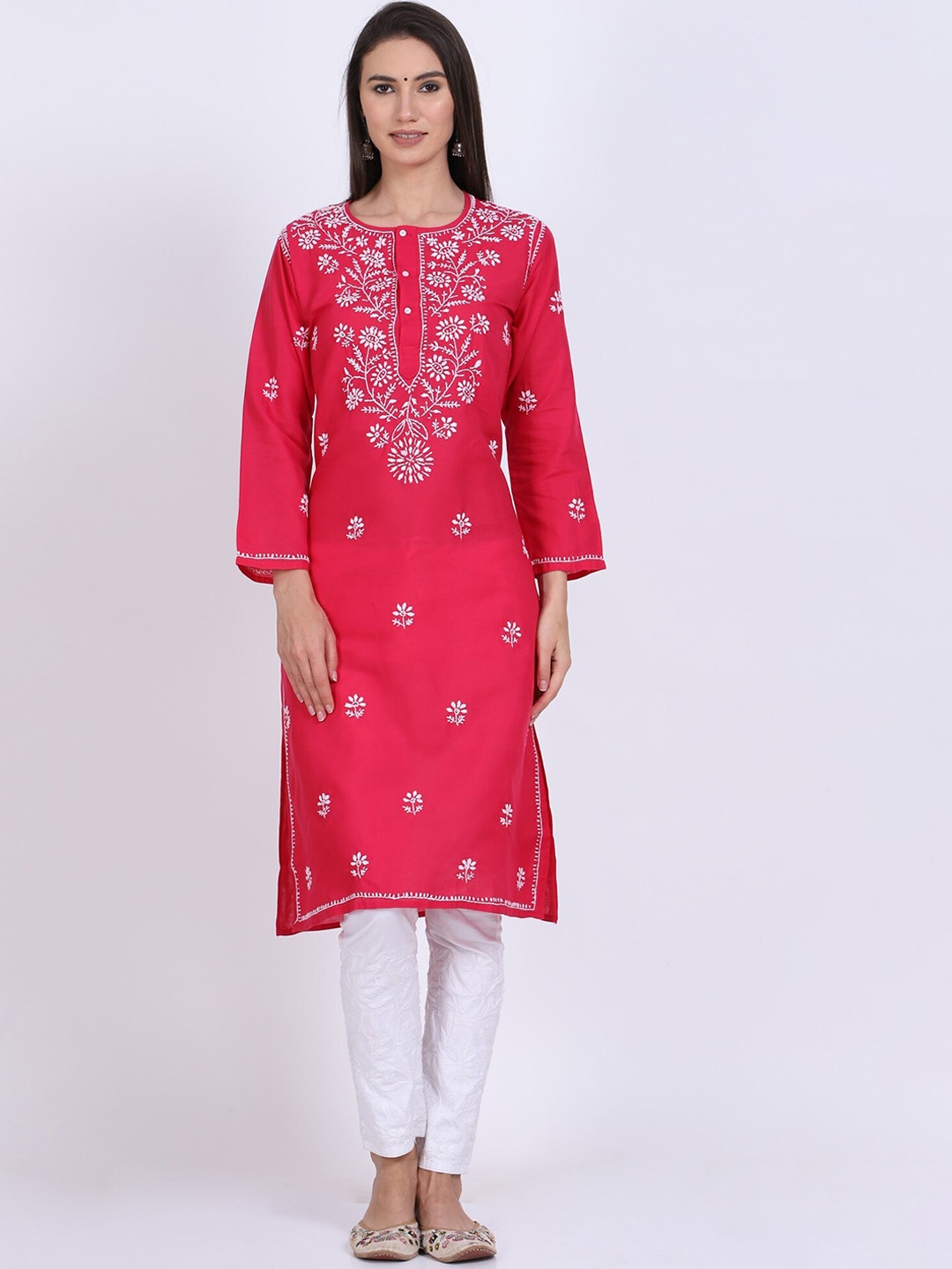

PARAMOUNT CHIKAN Women Ethnic Motifs Embroidered Chikankari Pure Cotton Kurta with Trousers, Magenta