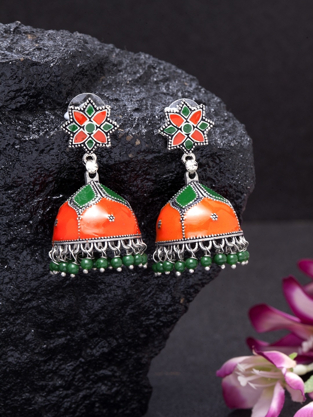 

Infuzze Orange & Oxidised Silver-Toned Handcrafted Beaded Jhumkas