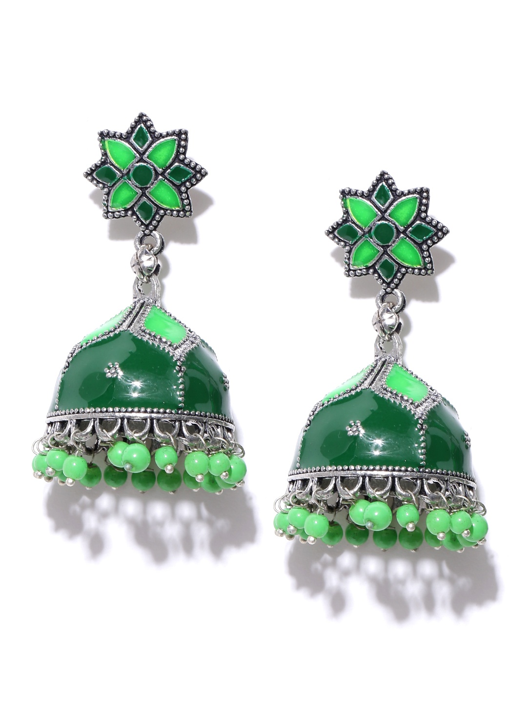 

Infuzze Green & Oxidised Silver-Toned Handcrafted Beaded Jhumkas