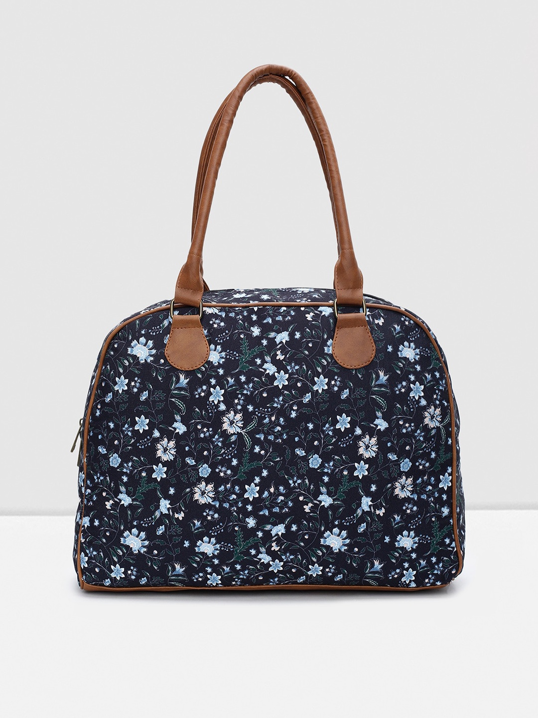 

max Floral Printed Structured Cotton Handheld Bag, Navy blue