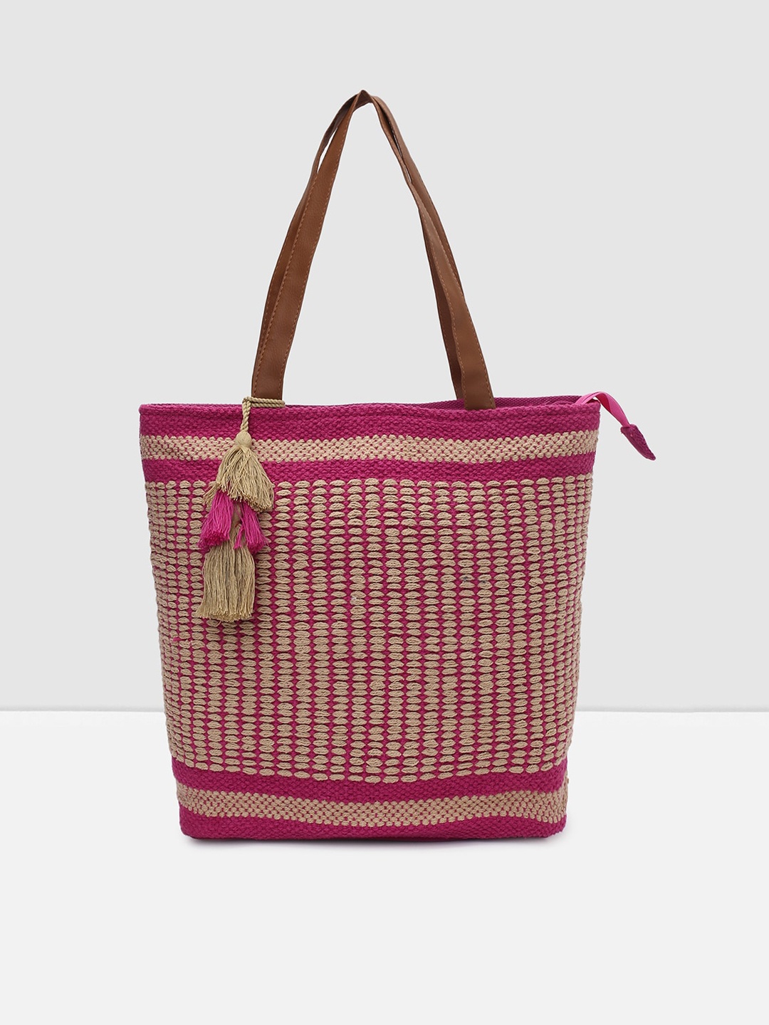 

max Self Design Oversized Shopper Cotton Tote Bag With Tassels, Pink