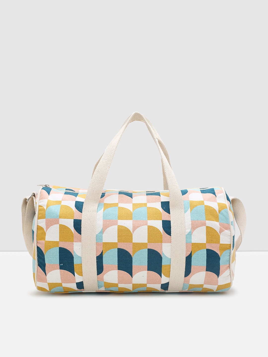 

max Geometric Printed Oversized Cotton Bowling Shoulder Bag, Mustard