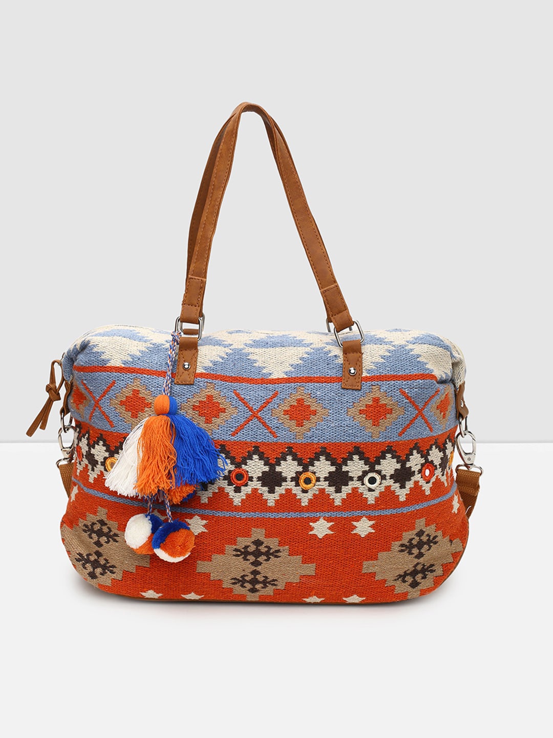 

max Ethnic Motifs Oversized Bowling Cotton Handheld Bag with Tasselled, Orange