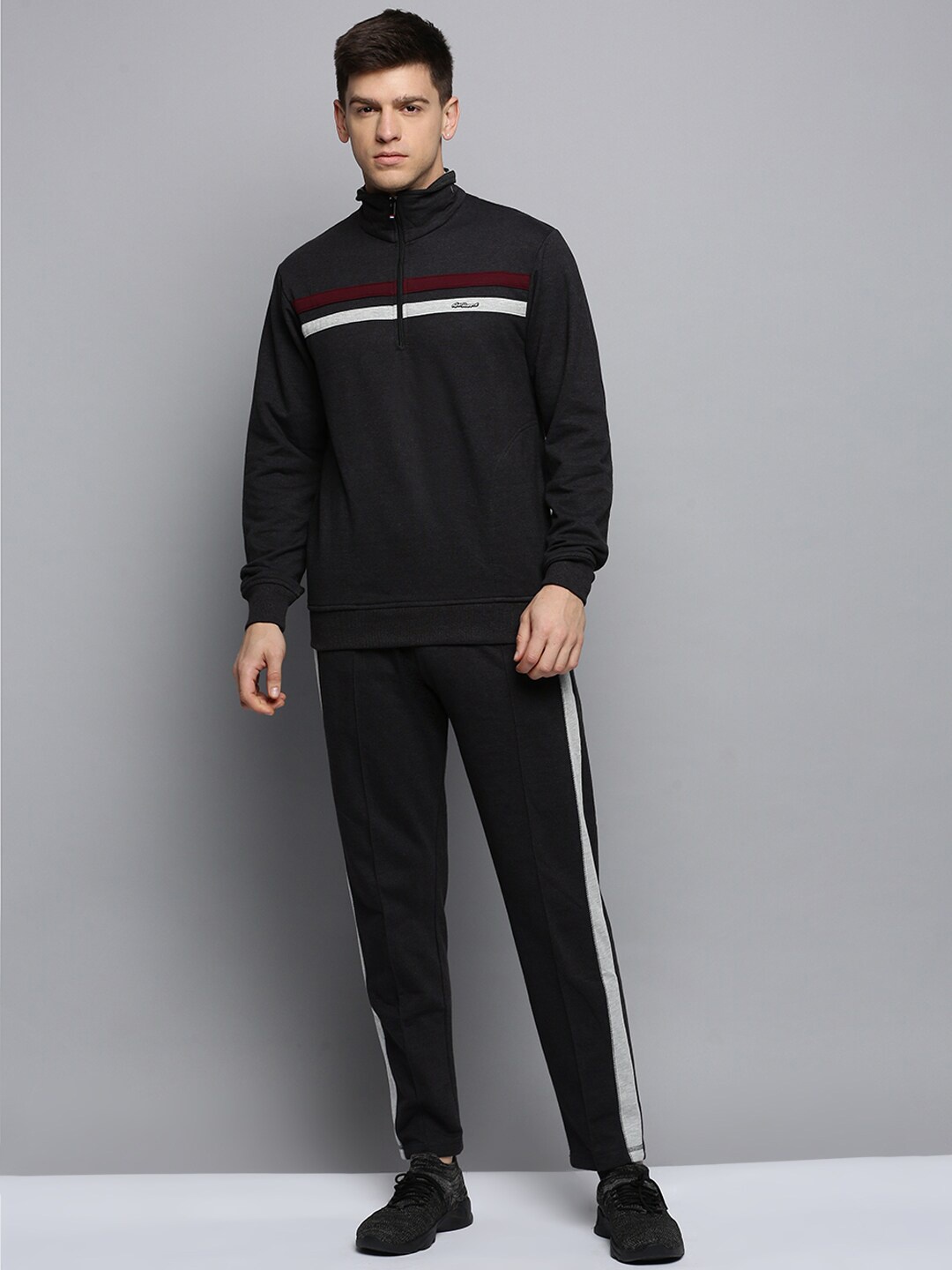 

SHOWOFF Men Side Striped Cotton Mock Collar Tracksuits, Black