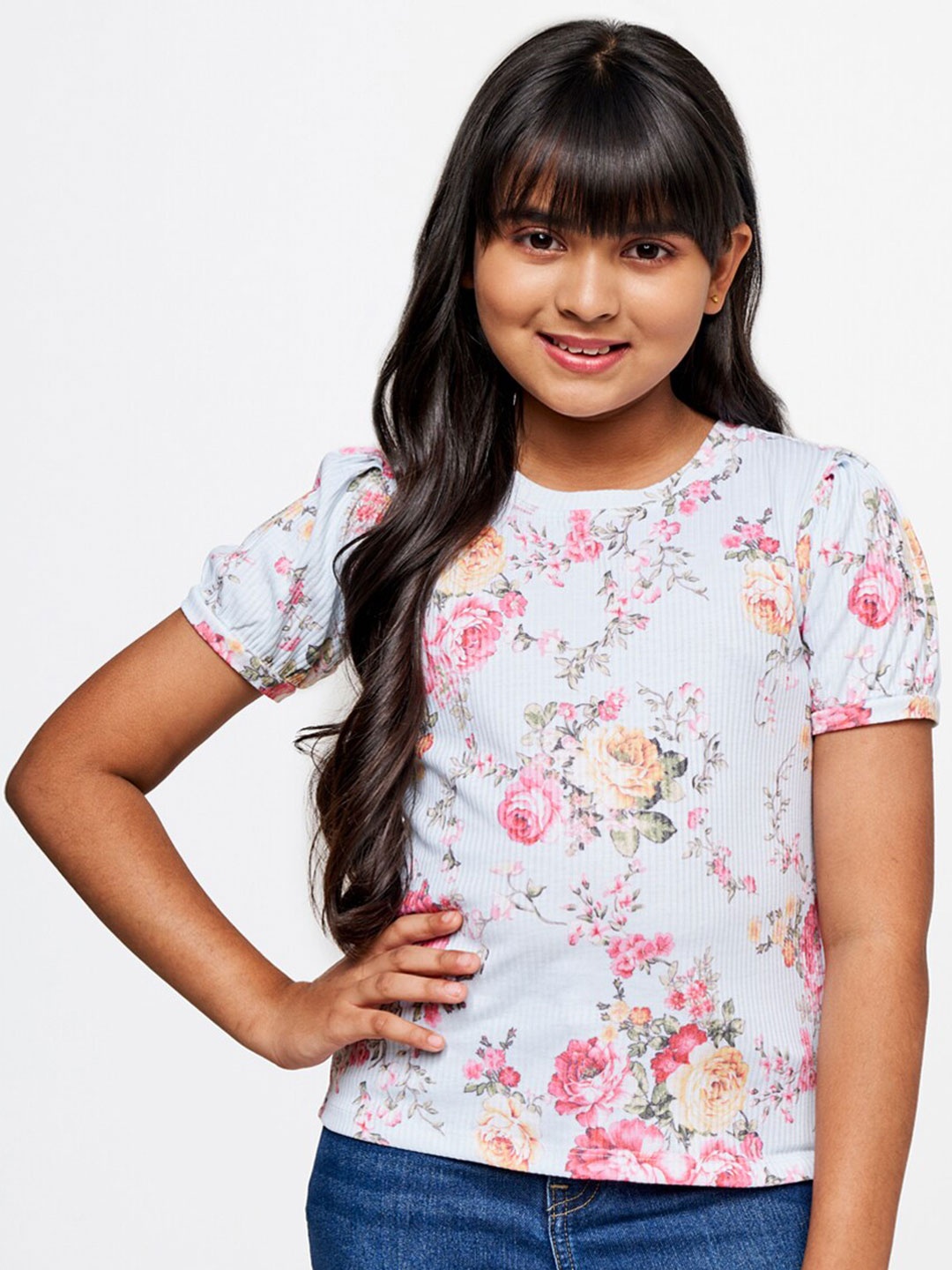 

AND Girls Floral Printed Puff Sleeves Regular Top, Blue