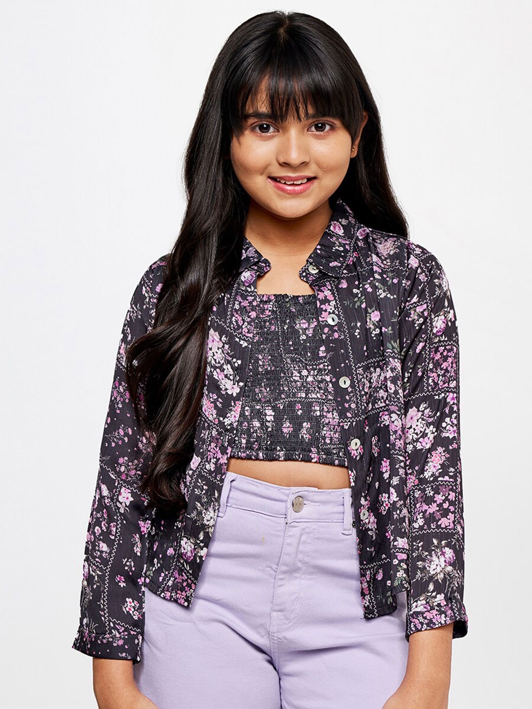 

AND Girls Floral Printed Smocking Shirt Style Top, Black