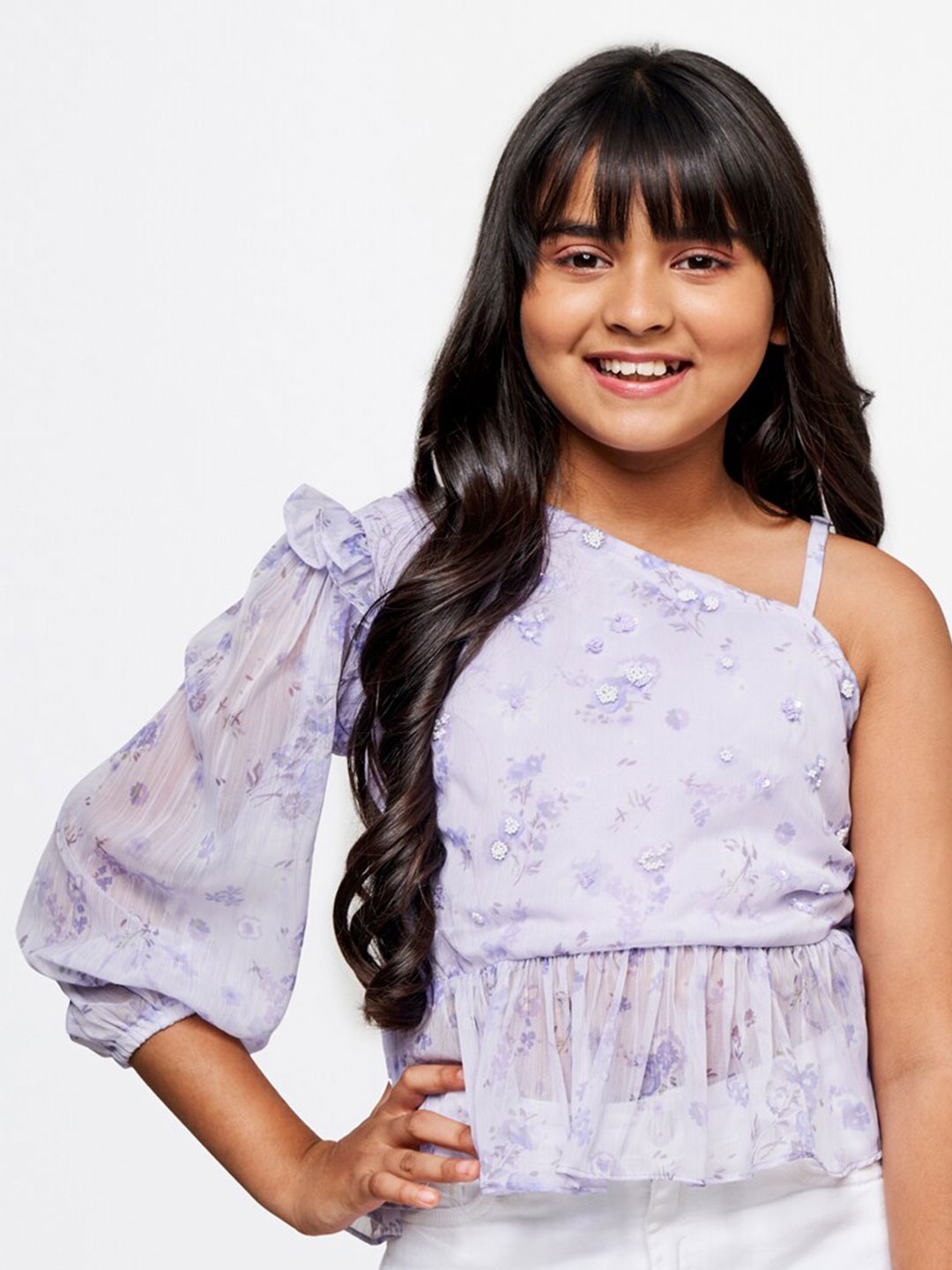 

AND Girls Floral Print One Shoulder Bardot Top, Lavender