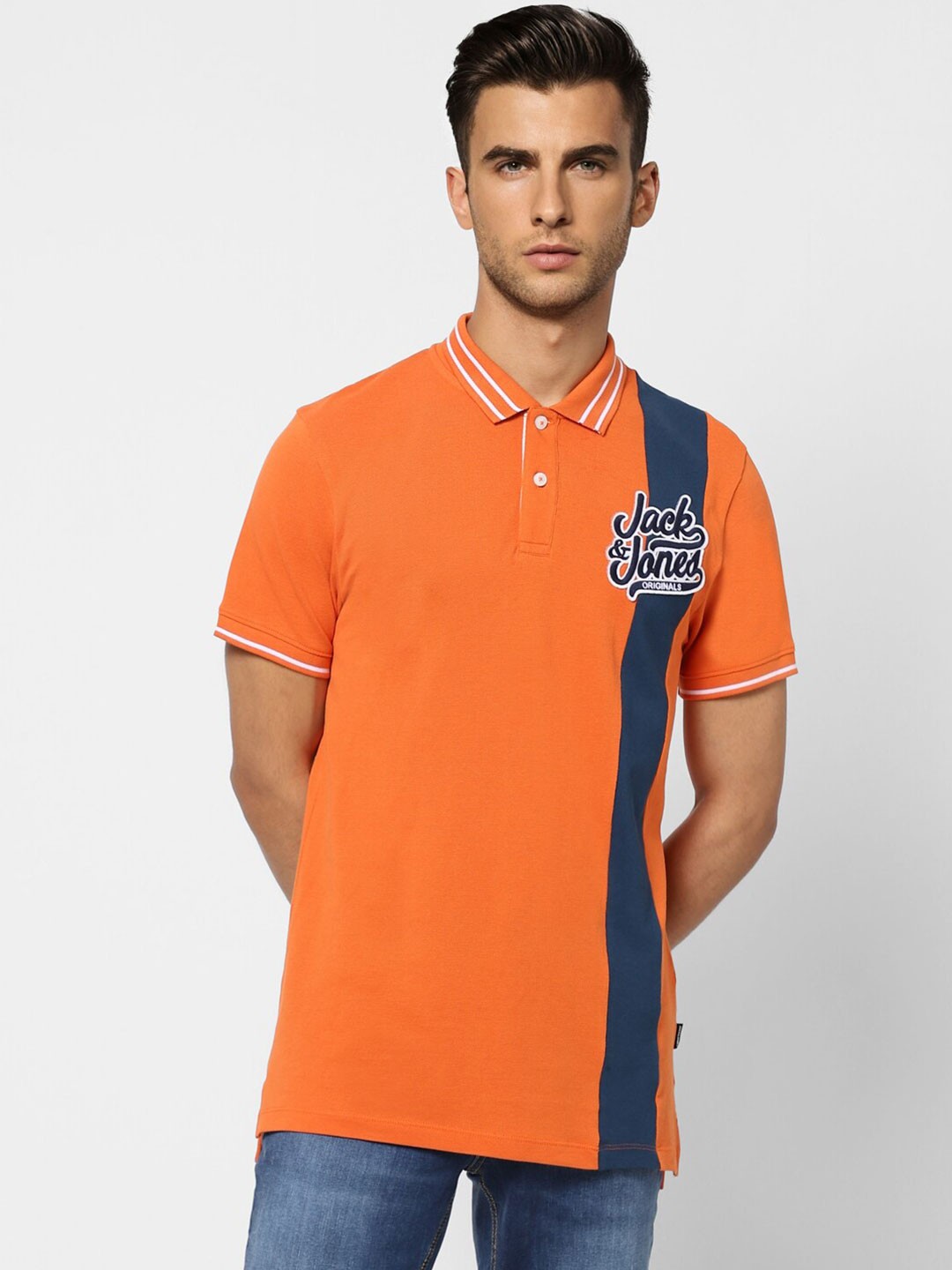 

Jack & Jones Men Typography Printed Polo Collar Cotton T-shirt, Orange