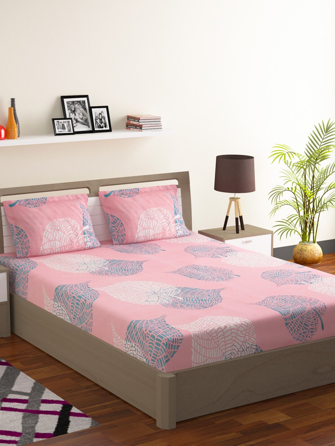 

BOMBAY DYEING Pink & White 164 TC Flat Queen Bedsheet With 2 Pillow Covers