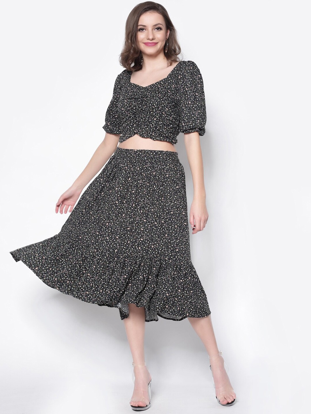 

Sera Women Printed Top and Flared Skirt Co-Ords, Black