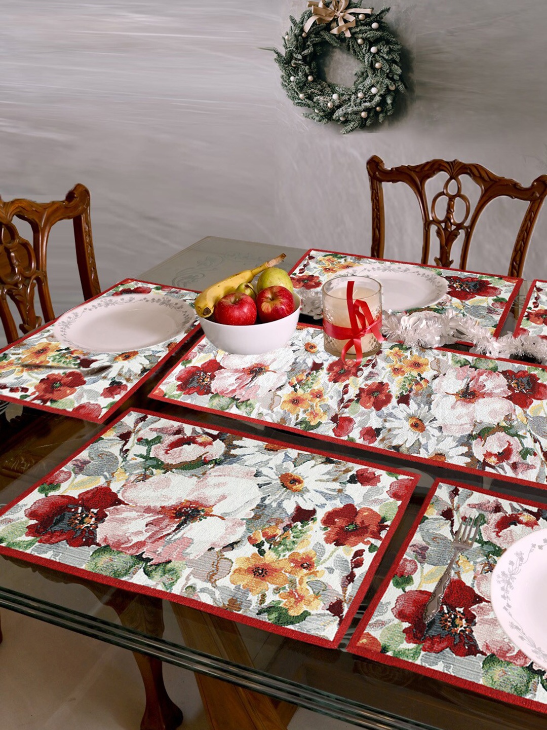 

AVI Living 7 Pcs Floral Jaquard Woven Dining Table Placemats and 1 Runner, White