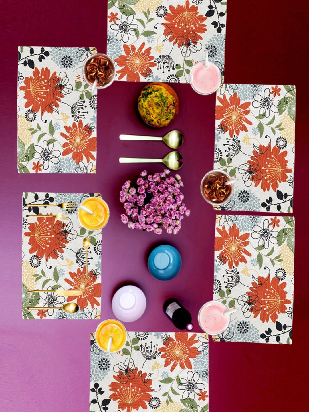 

AVI Living Orange & White 6 Pieces Jacquard Blooming Floral Woven Design Table Mats