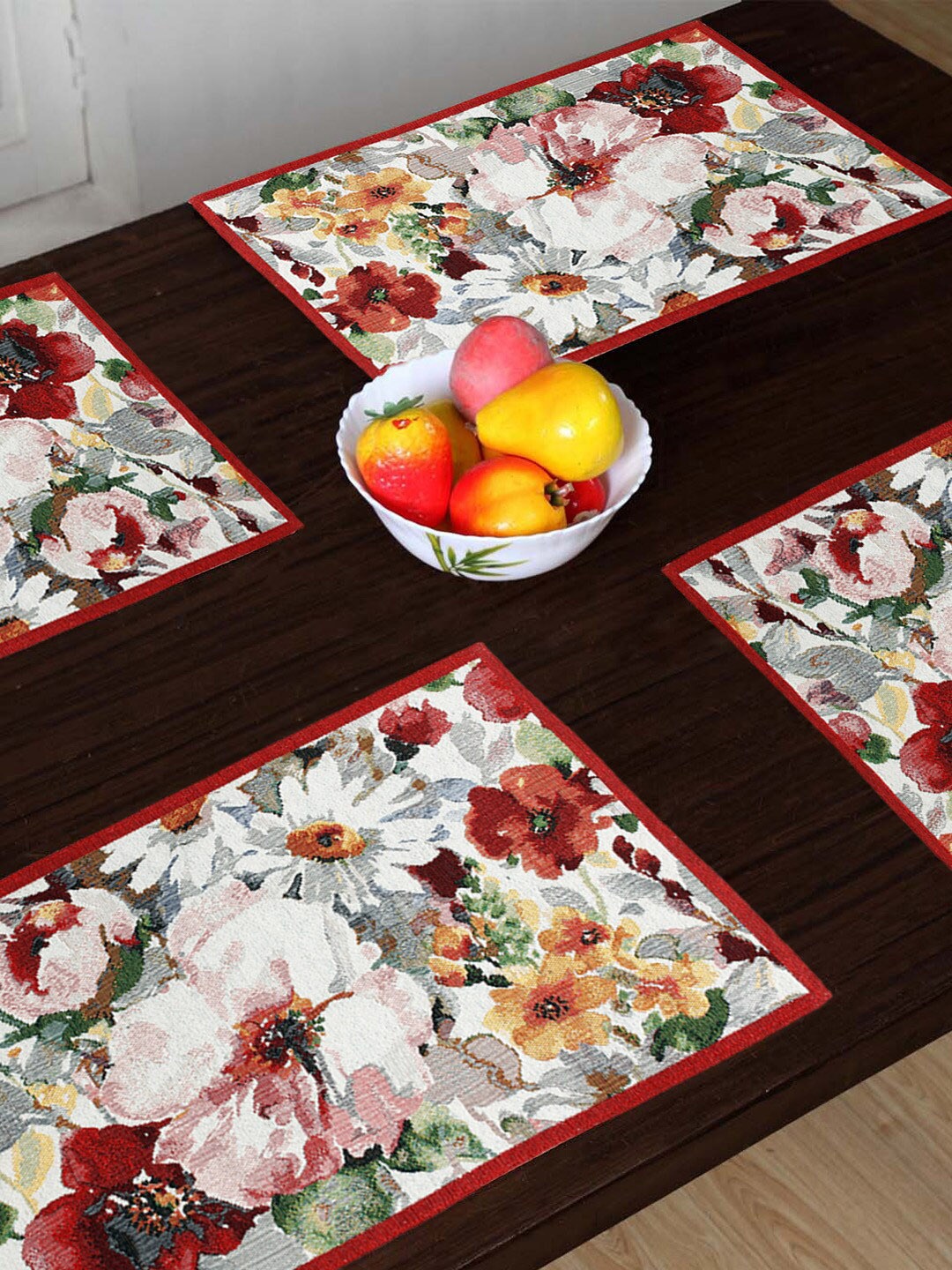 

AVI Living Red & Pink 4 Pcs Exotic Floral Jaquard Woven Rectangle Shaped Table Placemats