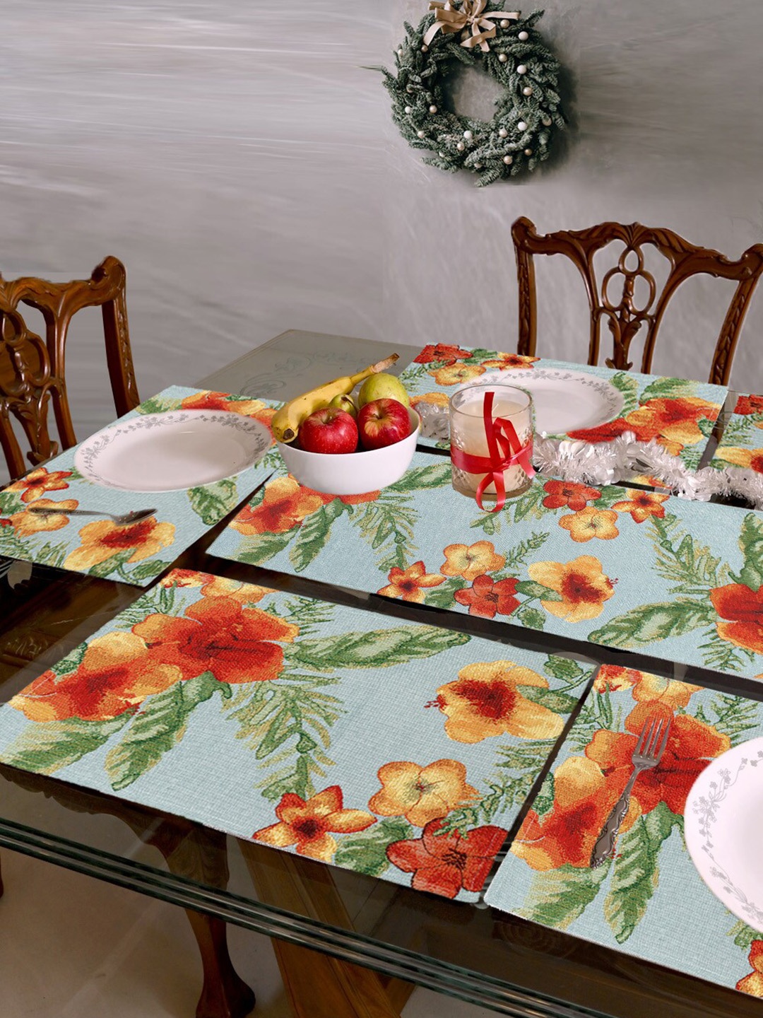 AVI Living Dreamy Blue & Orange 7 Pieces Floral Jacquard Woven Table Placemats With Runner