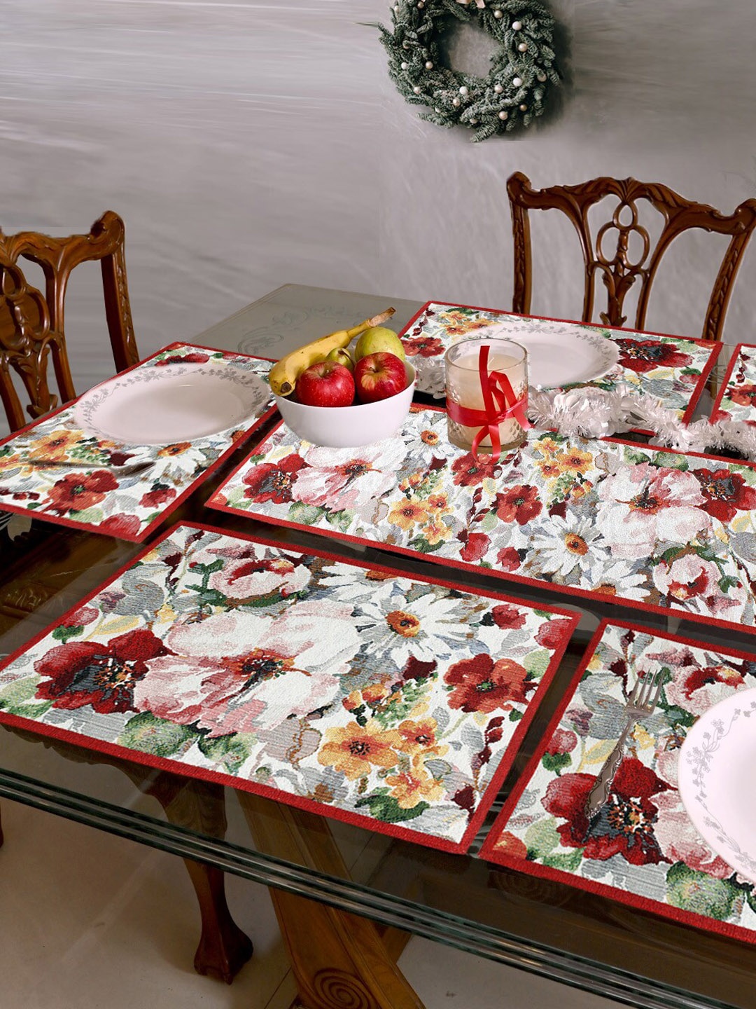 

AVI Living Exotic Floral 9 Pieces Jaquard Woven Table Placemats With Runner, White
