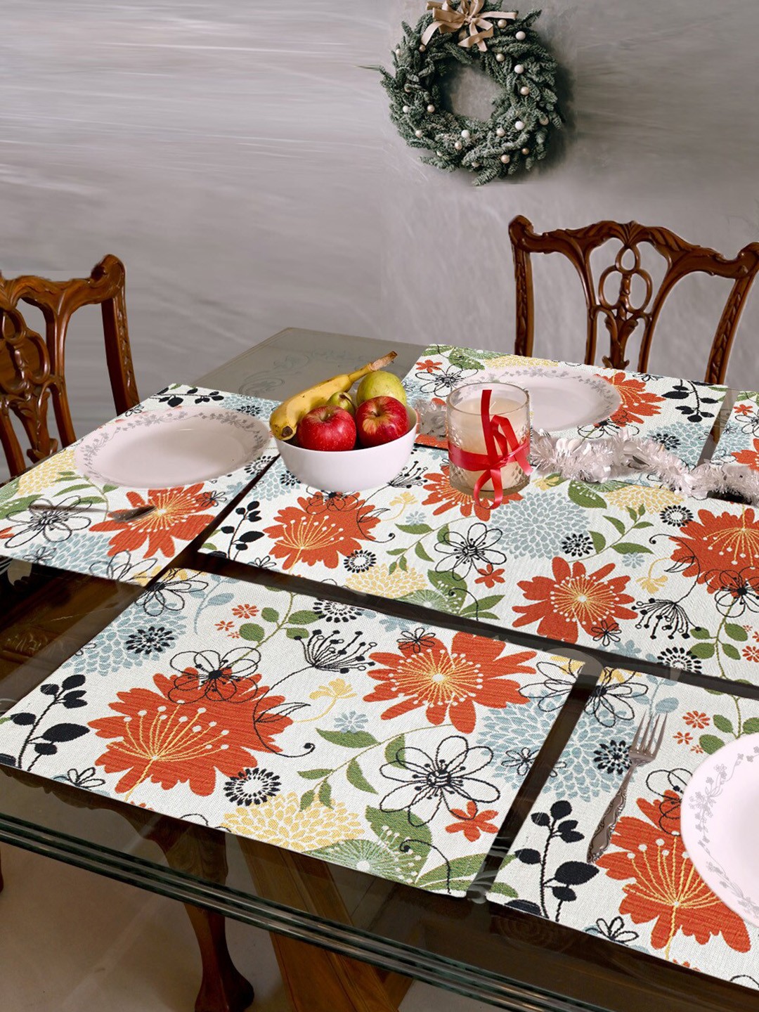 

AVI Living Blooming 7 Pieces Floral Jaquard Woven Table Placemats With Runner, Red