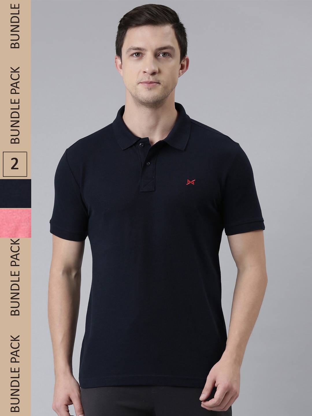 

Force NXT Men Pack of 2 Polo Collar Super Combed Cotton T-shirts, Navy blue