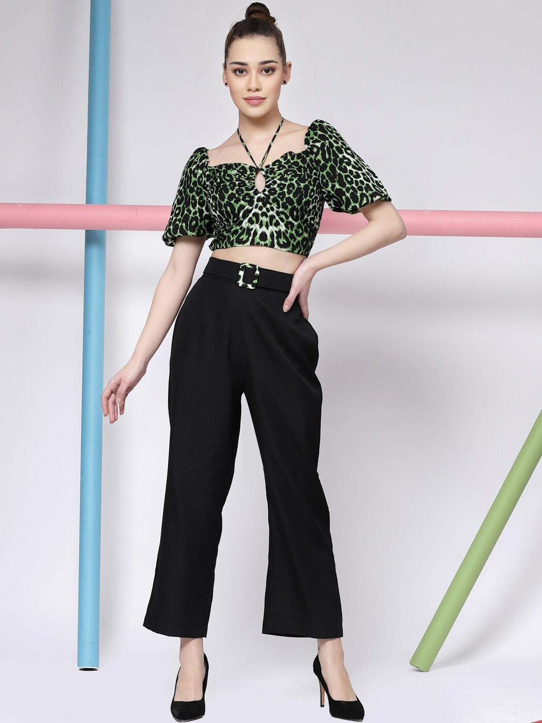

KASSUALLY Women Printed Top and Trouser Co-Ords, Green