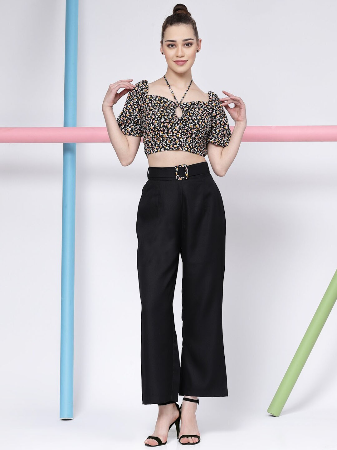 

KASSUALLY Women Crop Top And Trouser Romance Printed Co-Ord Set, Black