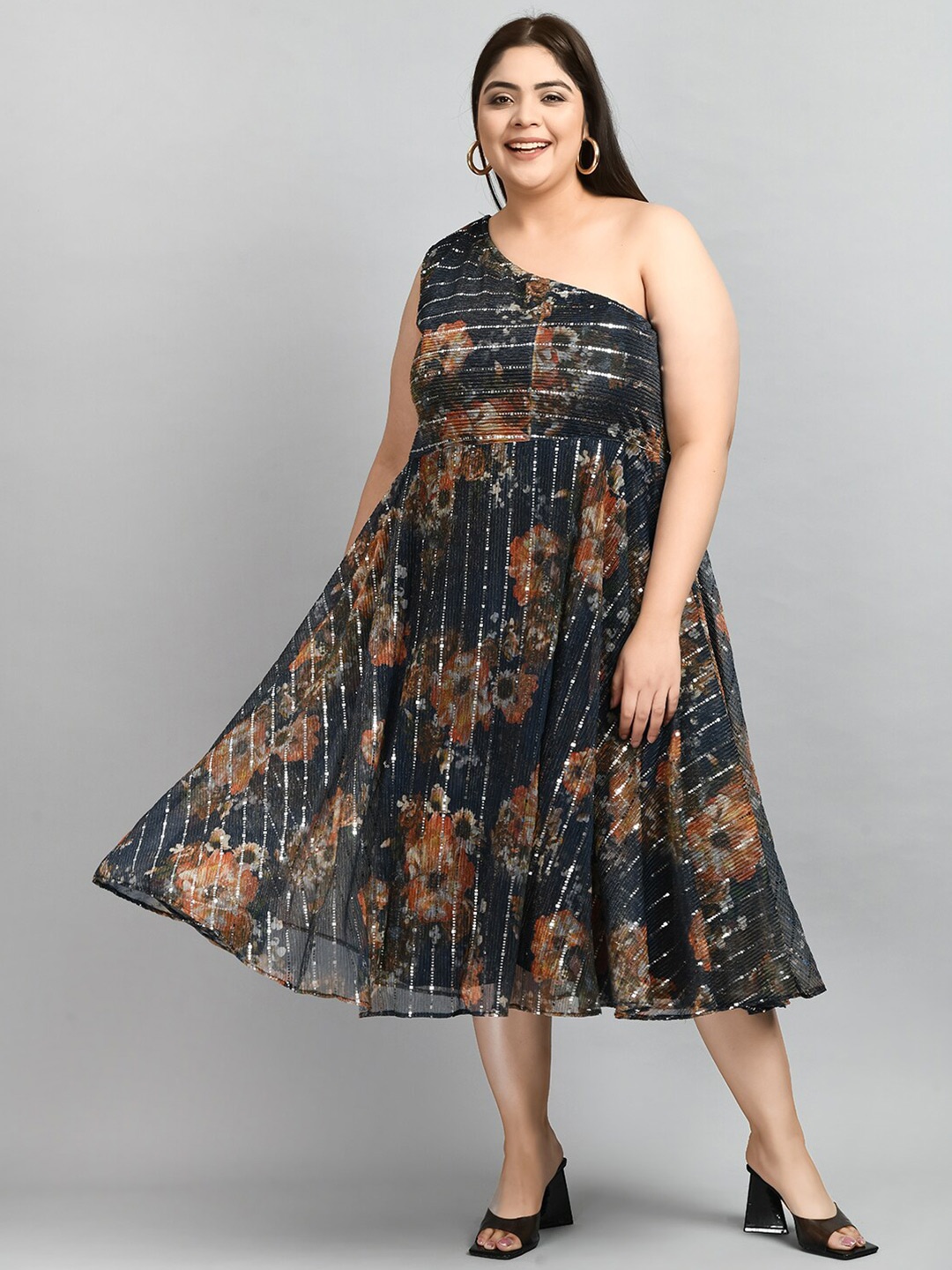 

PrettyPlus by Desinoor.com Plus Size One Shoulder Floral Printed A-Line Midi Dress, Navy blue