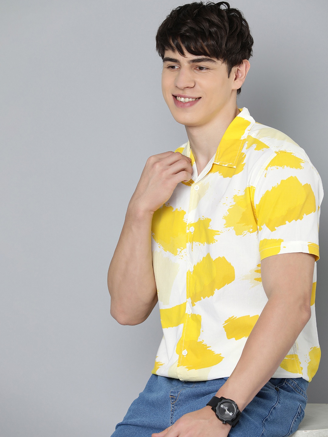 

HERE&NOW Slim Fit Abstract Printed Casual Shirt, Yellow