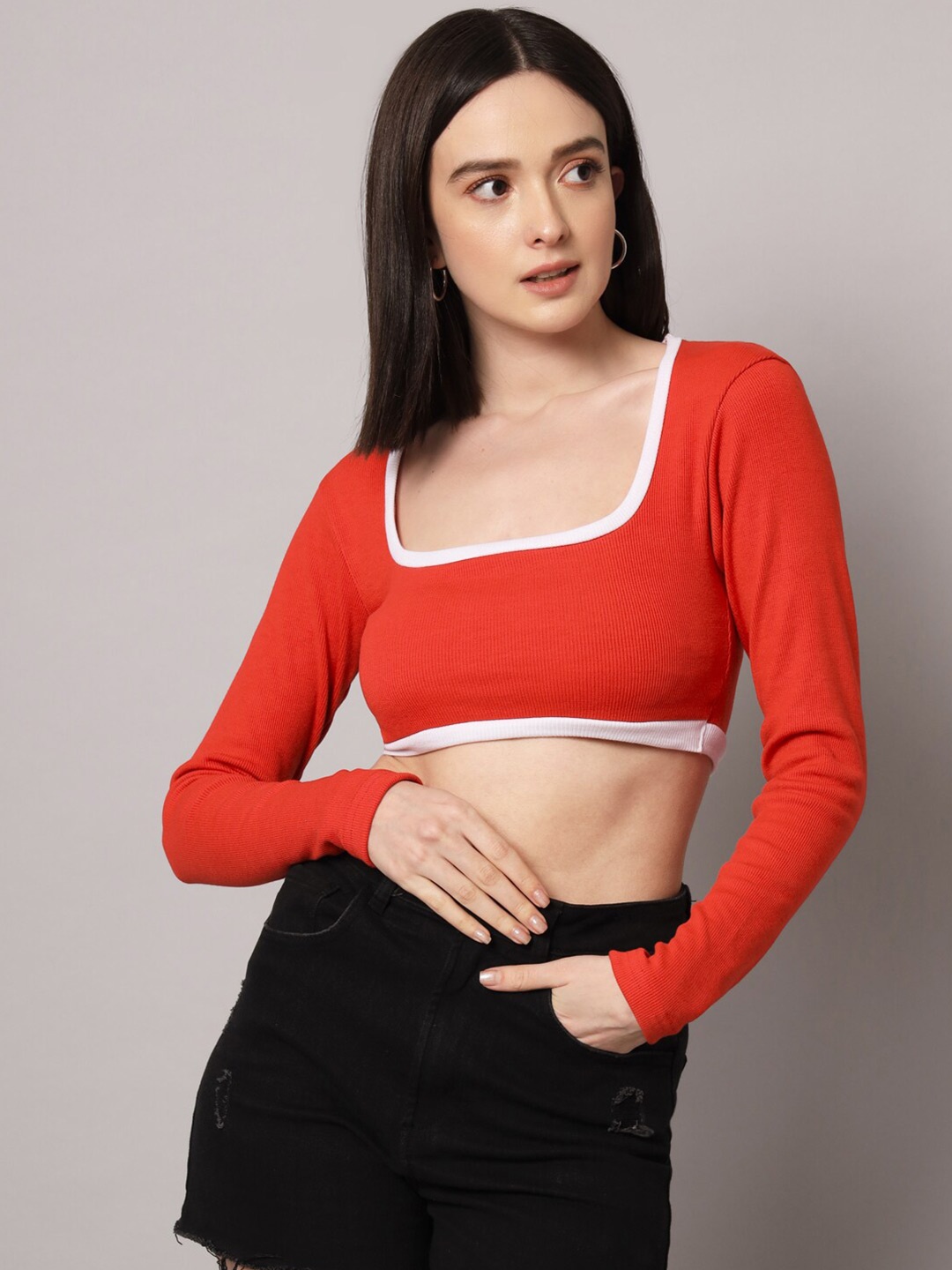 

AAHWAN Long Sleeves Crop Fitted Top, Red