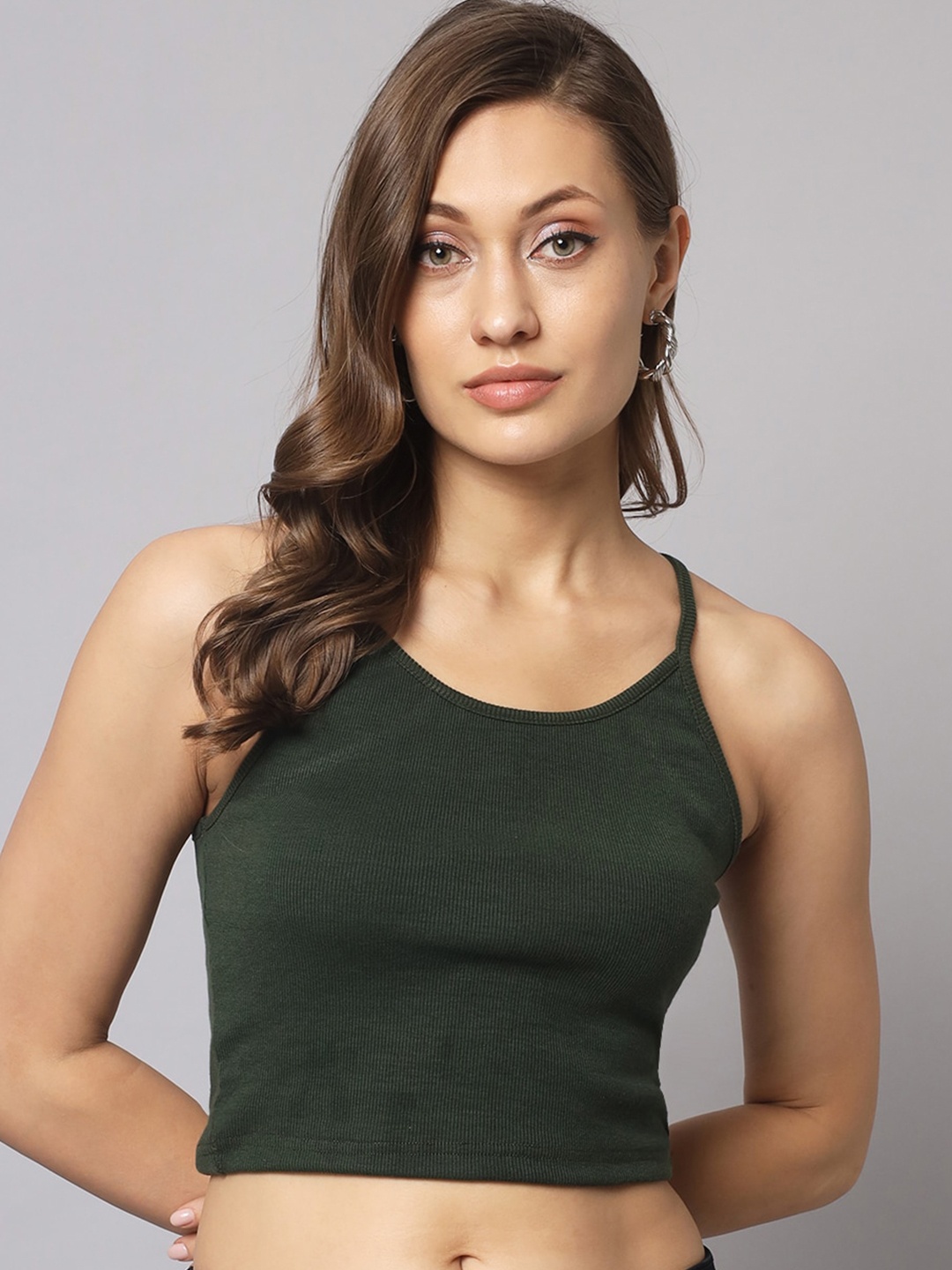 

AAHWAN Shoulder Straps Cotton Fitted Crop Top, Green