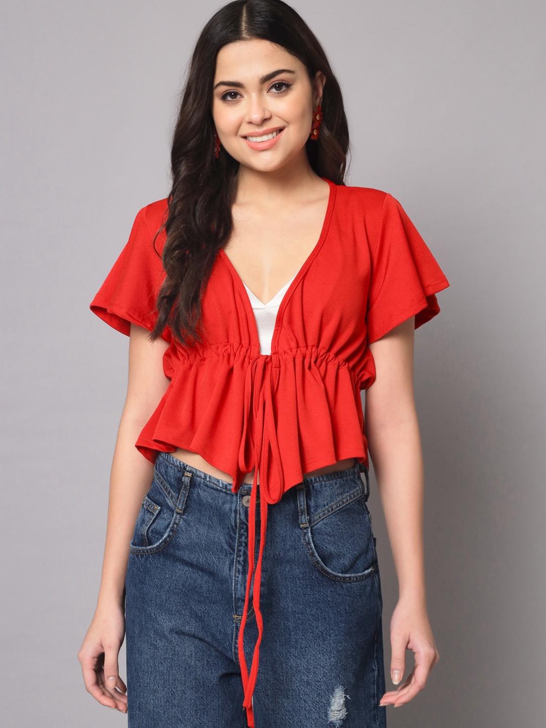 

AAHWAN Cinched Waist Pleated Crop Top, Orange