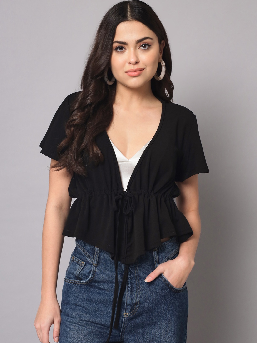 

AAHWAN Black Cinched Waist Flared Sleeves Top