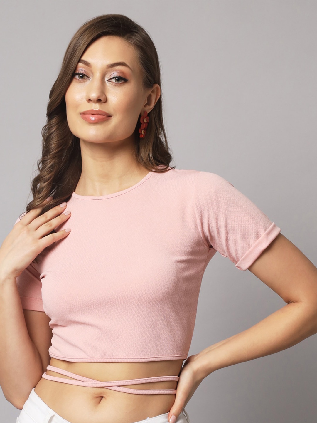 

AAHWAN Round Neck Crop Top, Pink