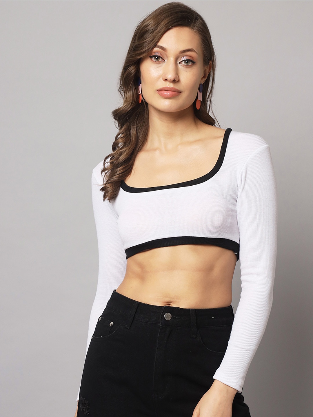 

AAHWAN Colourblocked Cotton Crop Top, White