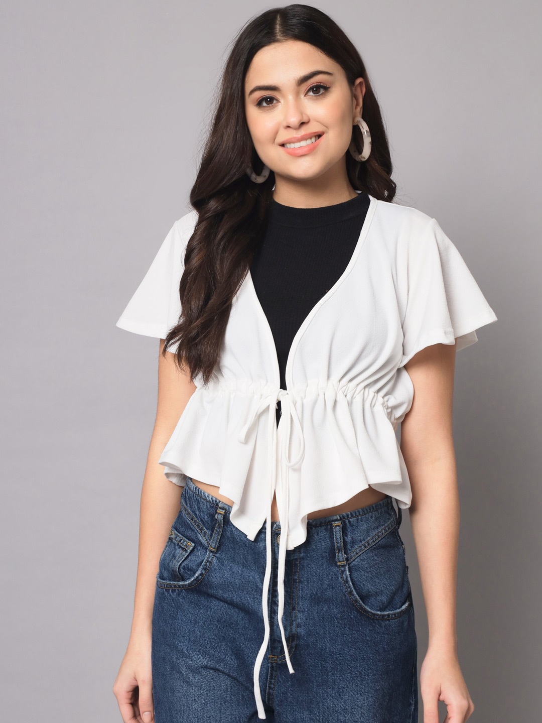 

AAHWAN Colourblocked Peplum Crop Top, White