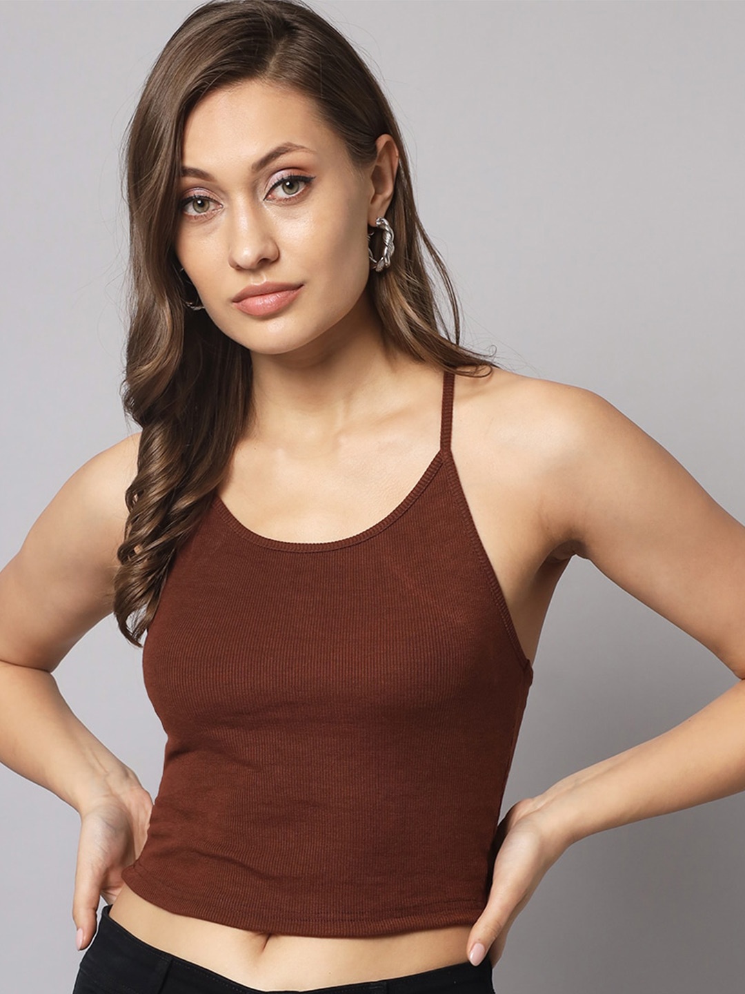 

AAHWAN Shoulder Straps Fitted Crop Top, Brown