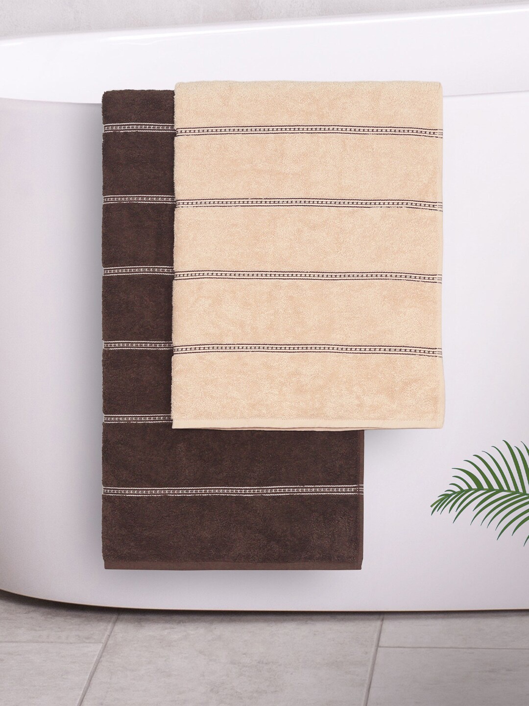 

MYTRIDENT WINE CHEESE Brown Cream 2 Pcs Striped 500 GSM Pure Cotton His Her Towel Set