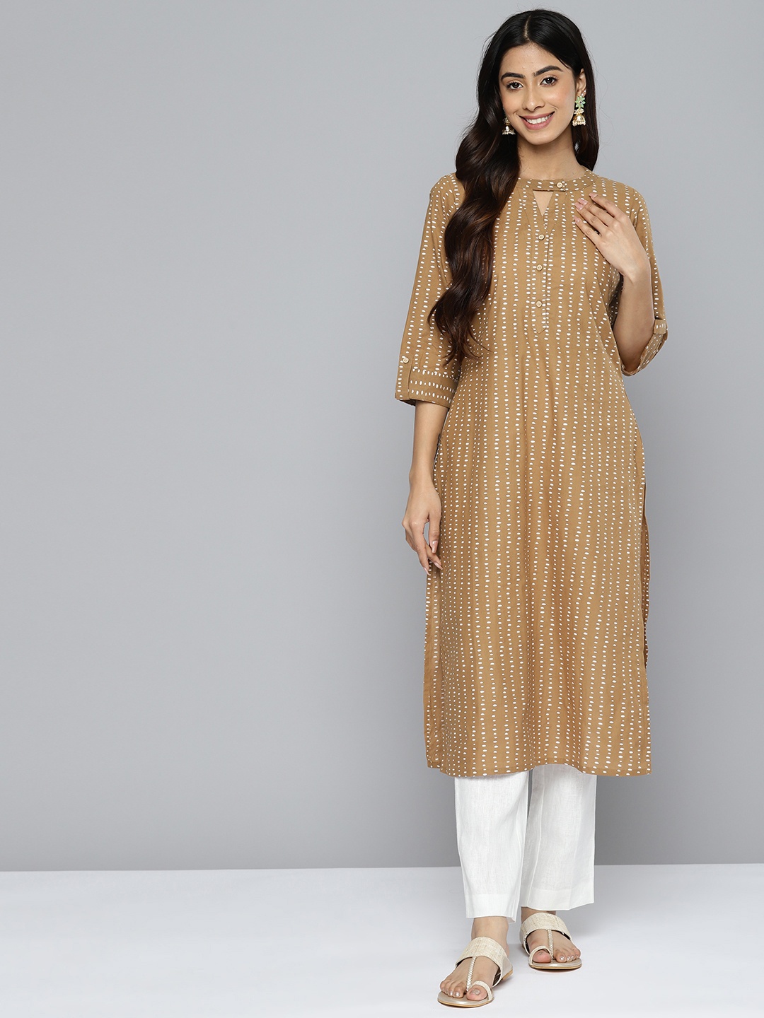 

HERE&NOW Geometric Printed Pure Cotton Straight Kurta, Brown