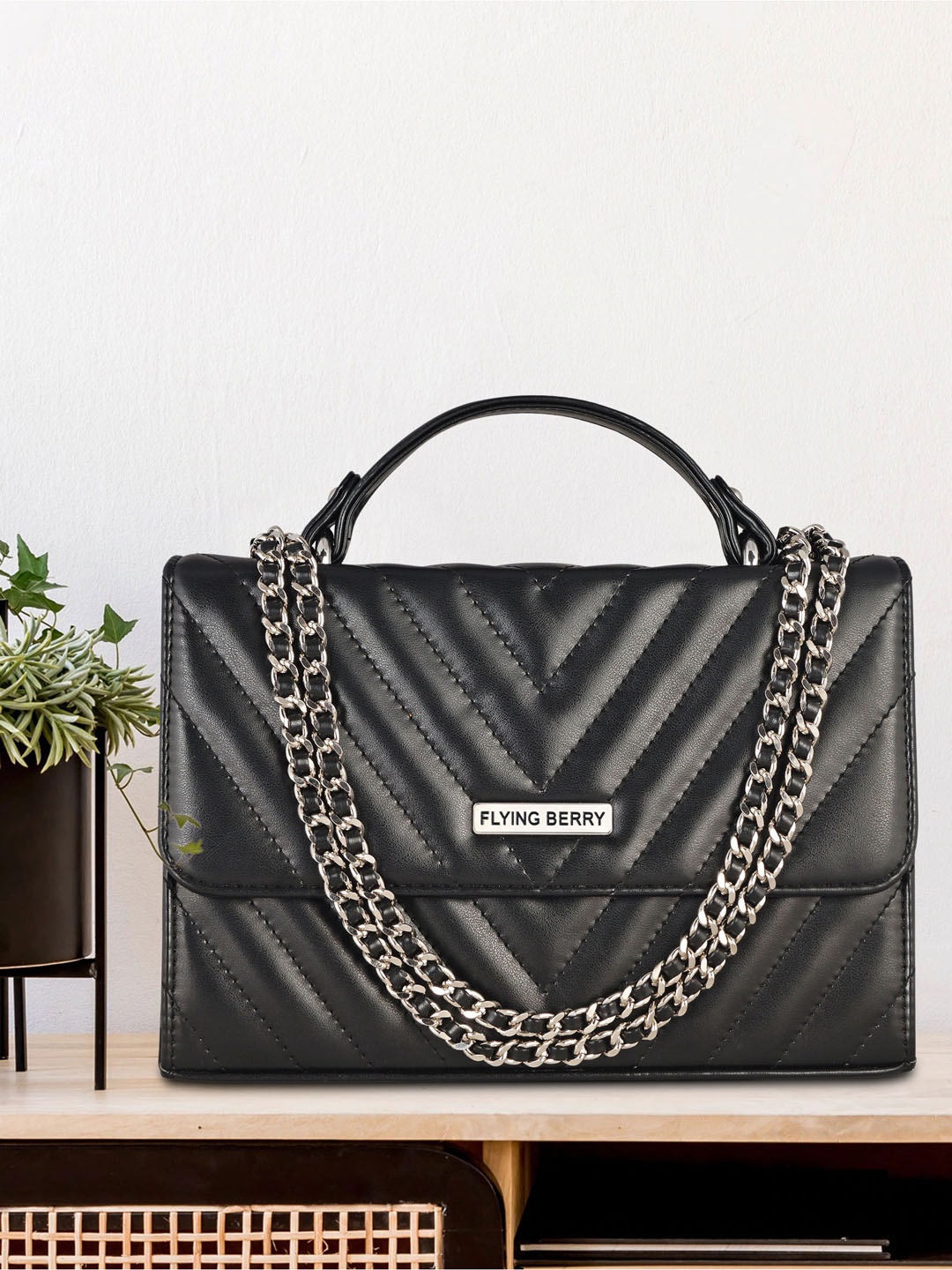 

FLYING BERRY Textured Structured Satchel Bag With Quilted, Black
