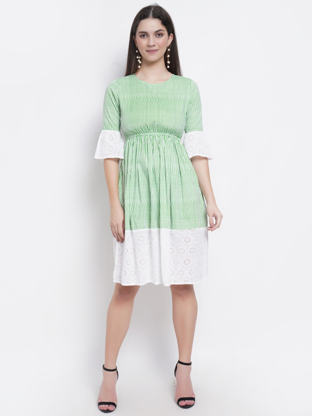 Purple State Striped Pure Cotton A-Line Dress, White